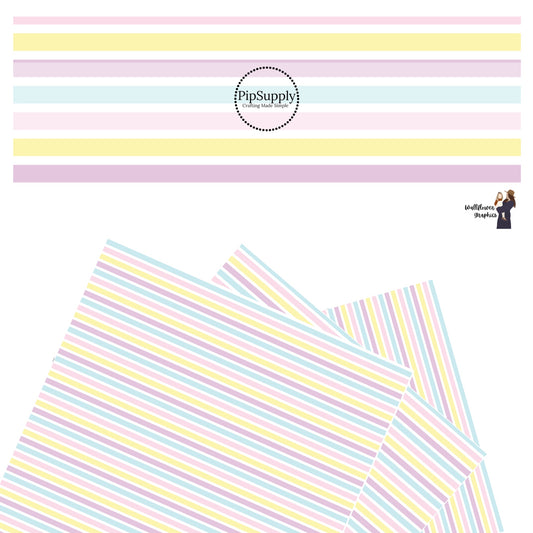 These spring stripe pattern themed faux leather sheets contain the following design elements: light pink, light purple, pastel yellow, and light blue stripes. Our CPSIA compliant faux leather sheets or rolls can be used for all types of crafting projects.