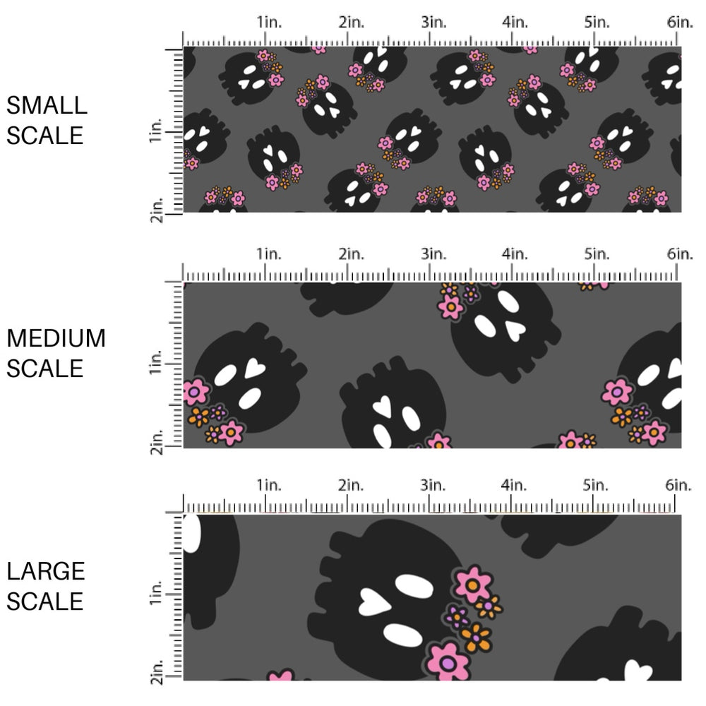 This scale chart of these Halloween themed pattern fabric by the yard features the following design elements: skulls with flowers. This fun spooky themed fabric can be used for all your sewing and crafting needs!