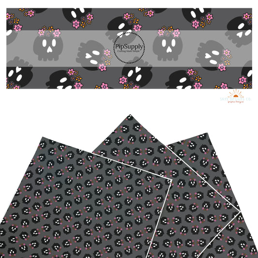 These Halloween themed pattern faux leather sheets contain the following design elements: skulls with flowers. Our CPSIA compliant faux leather sheets or rolls can be used for all types of crafting projects.