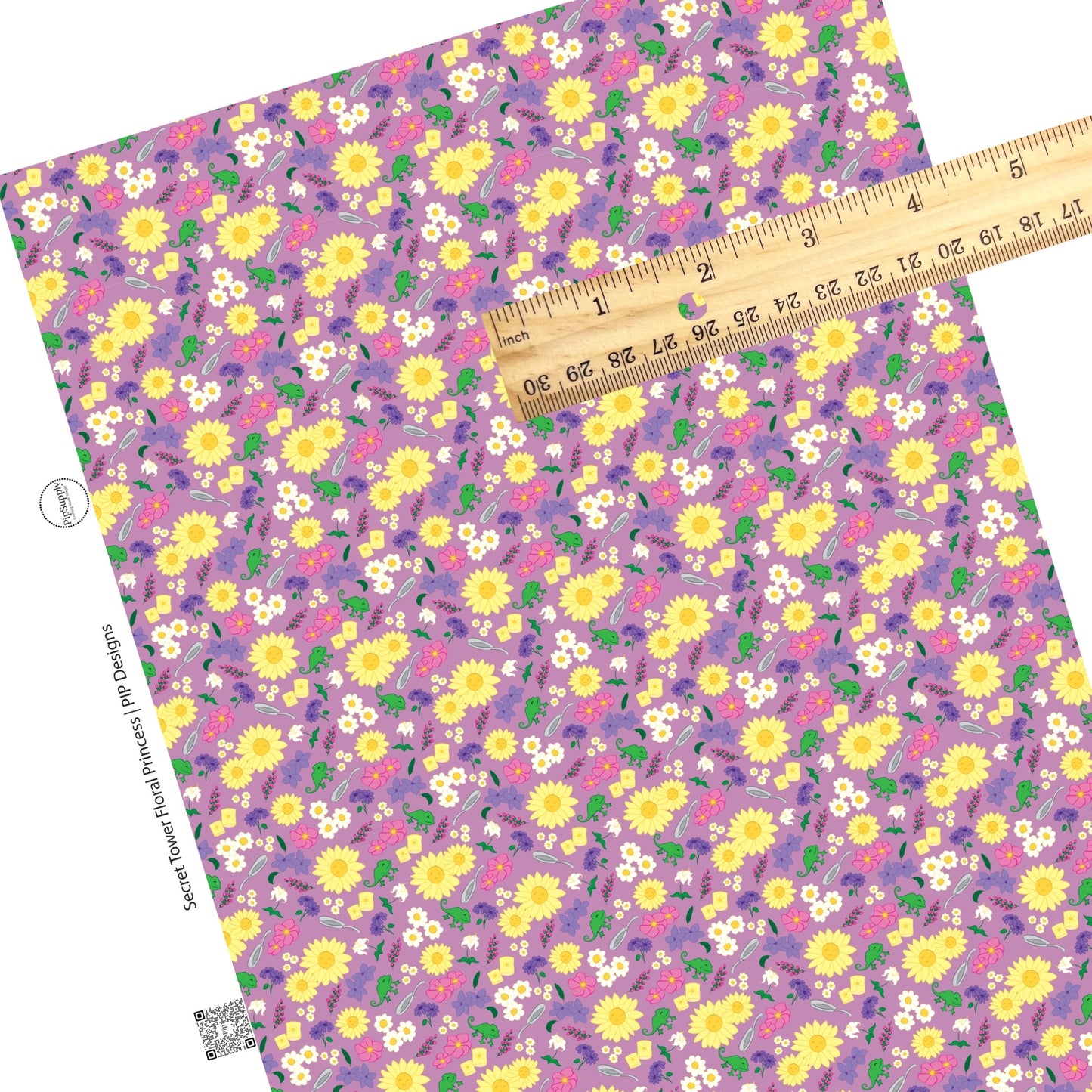 Yellow flowers, green animals, and frying pan on purple faux leather sheets