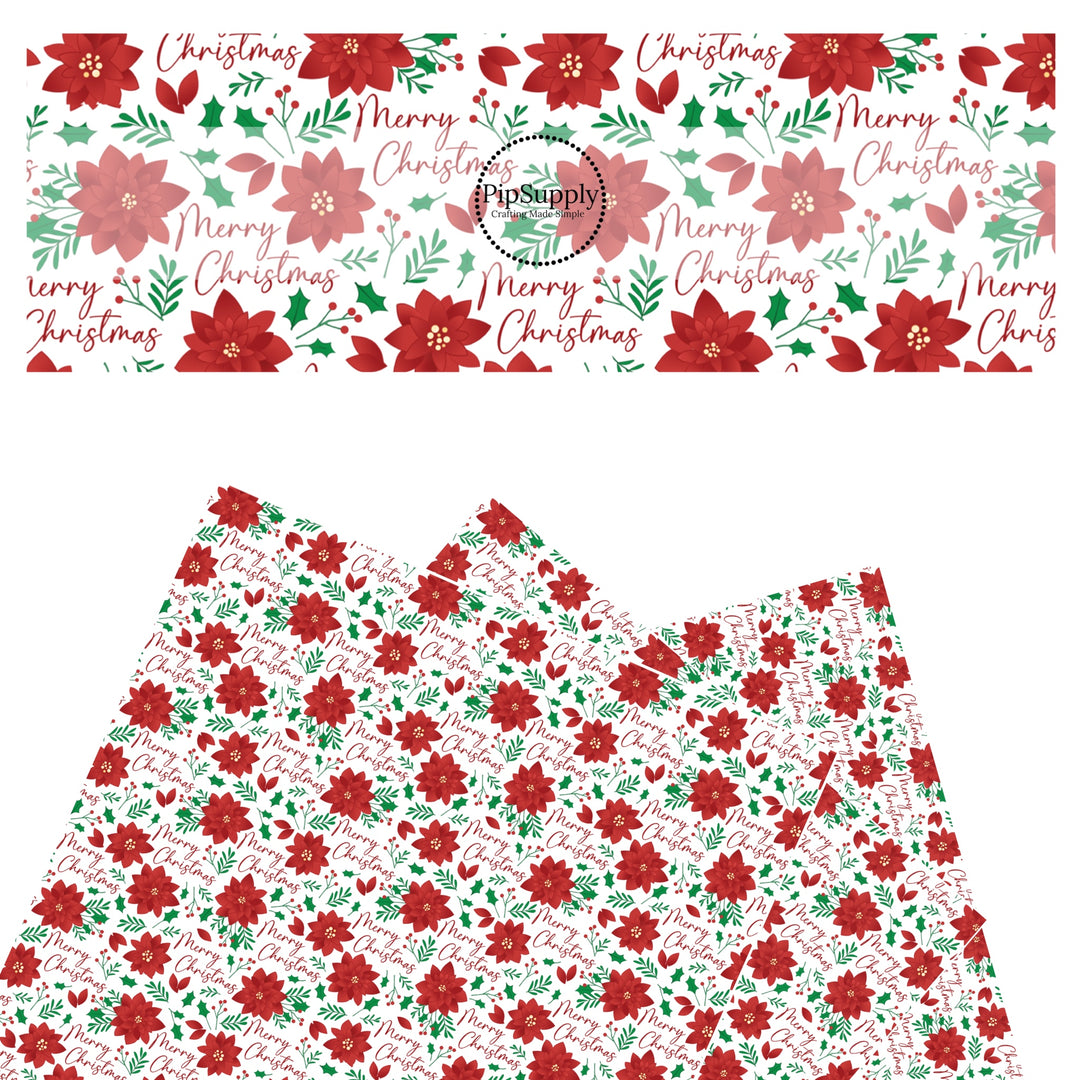 Red flowers with christmas sayings on white faux leather sheets