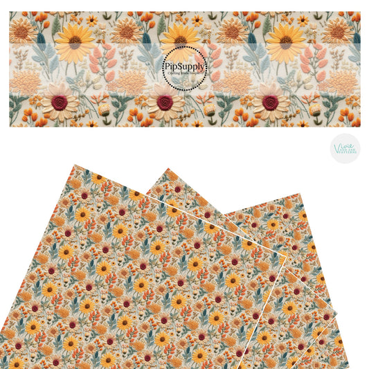 Flowers and sunflowers on cream faux leather sheets