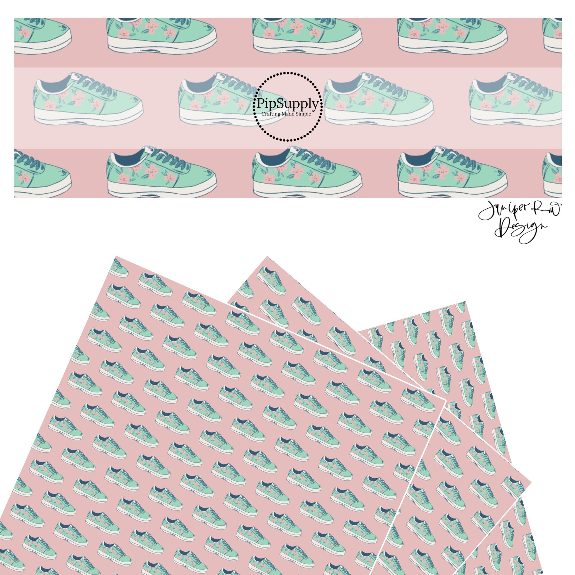 Pink flowers on aqua shoes on pink faux leather sheets