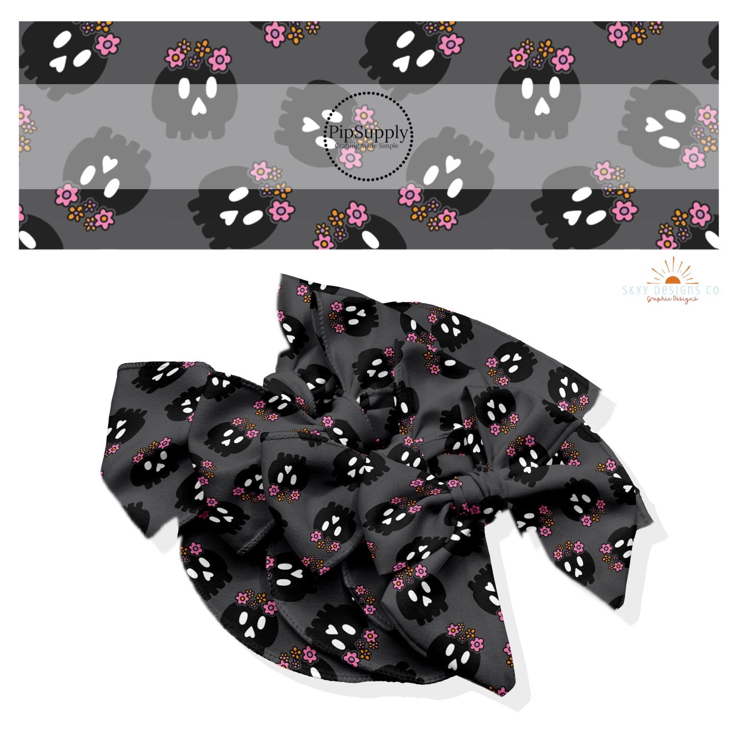 These Halloween themed no sew bow strips can be easily tied and attached to a clip for a finished hair bow. These fun spooky patterned bow strips are great for personal use or to sell. These bow strips feature the following design elements: skulls with flowers.