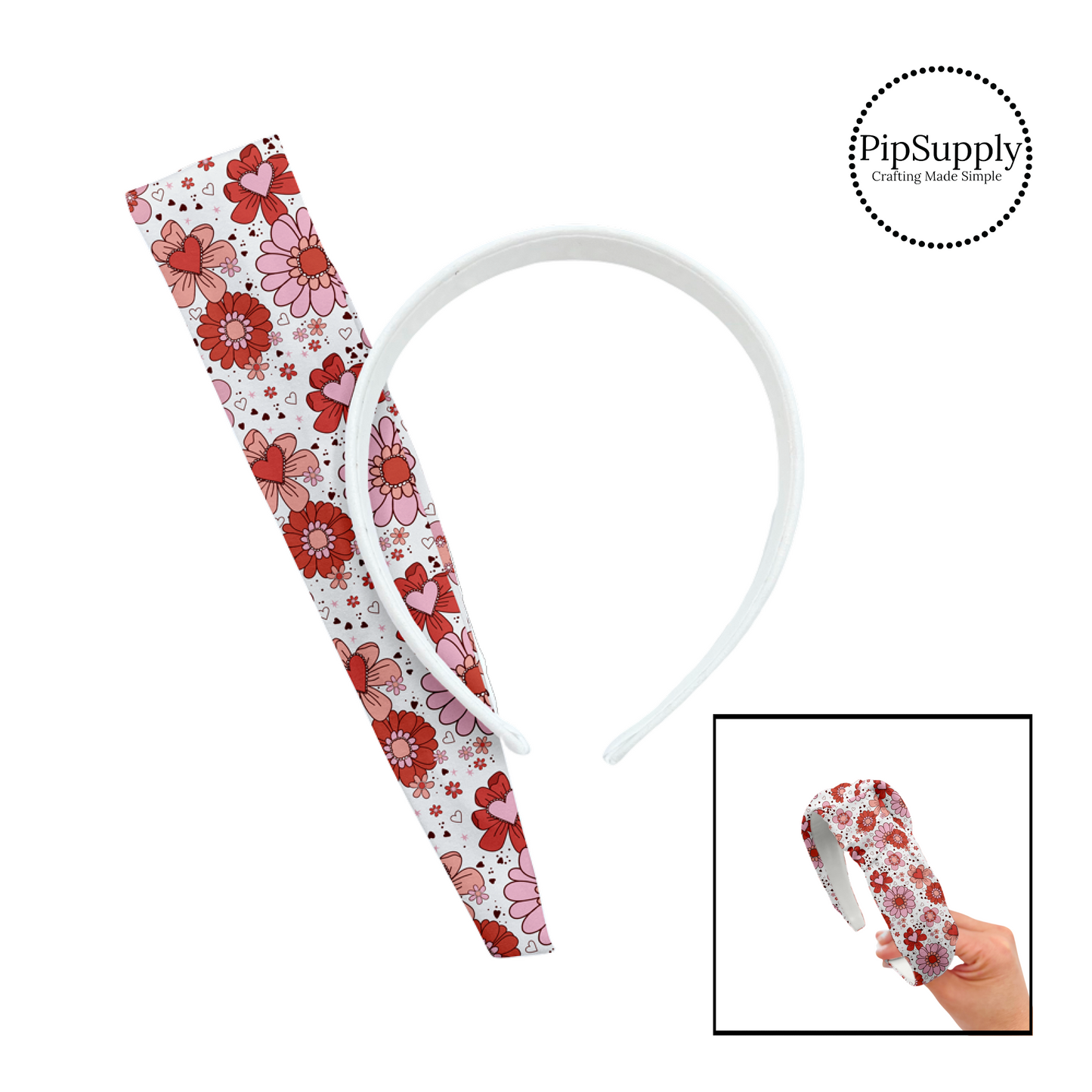 Pink and red flowers with hearts on white knotted headband kit
