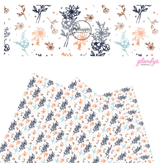 Navy blue, light blue, brown, and orange flowers with stars on white faux leather sheets