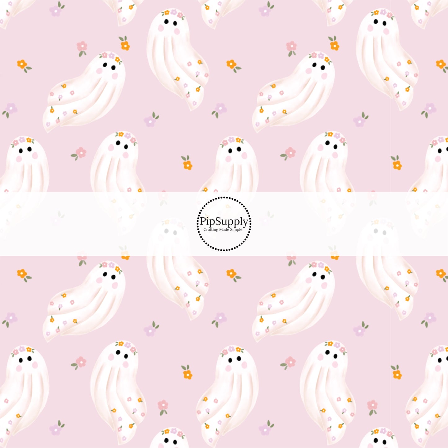 These spooky themed pattern fabric by the yard features the following design elements: ghost with flowers on pink. This fun themed fabric can be used for all your sewing and crafting needs!