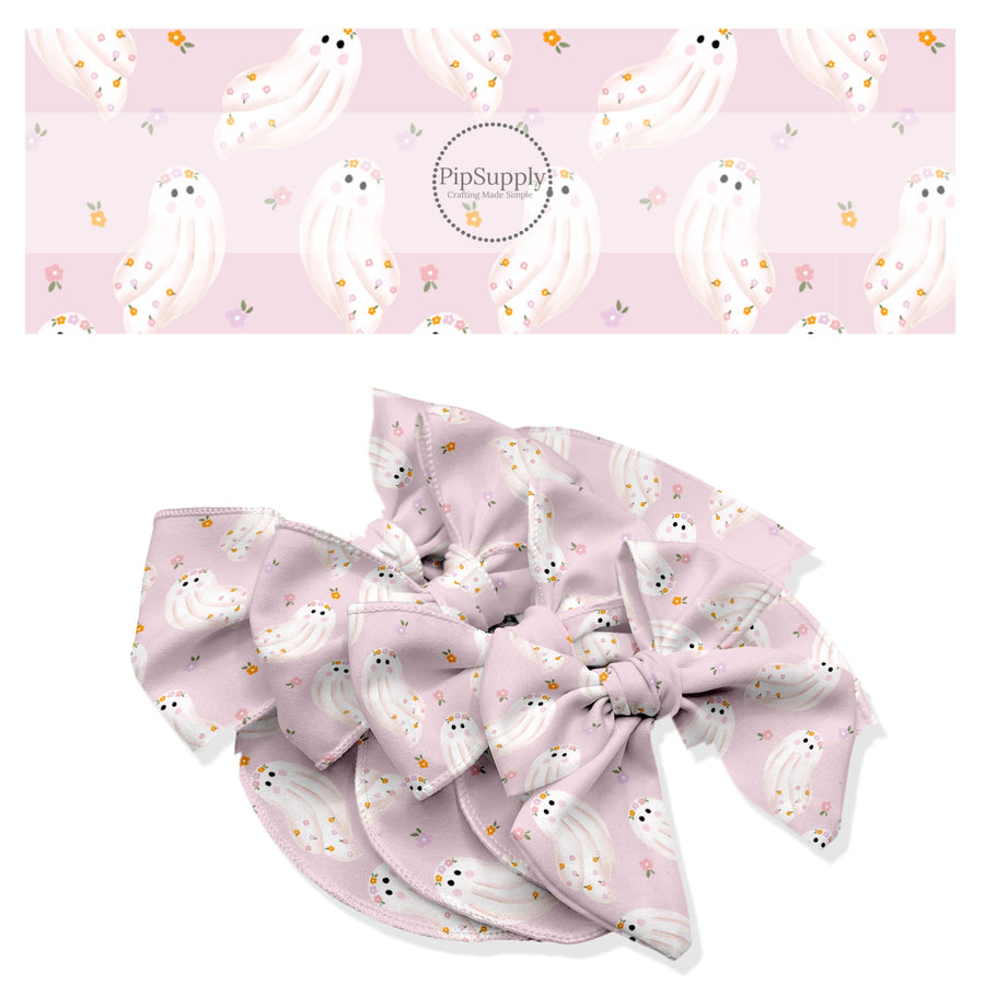 These spooky themed no sew bow strips can be easily tied and attached to a clip for a finished hair bow. These fun patterned bow strips are great for personal use or to sell. These bow strips feature the following design elements: ghost with flowers on pink.