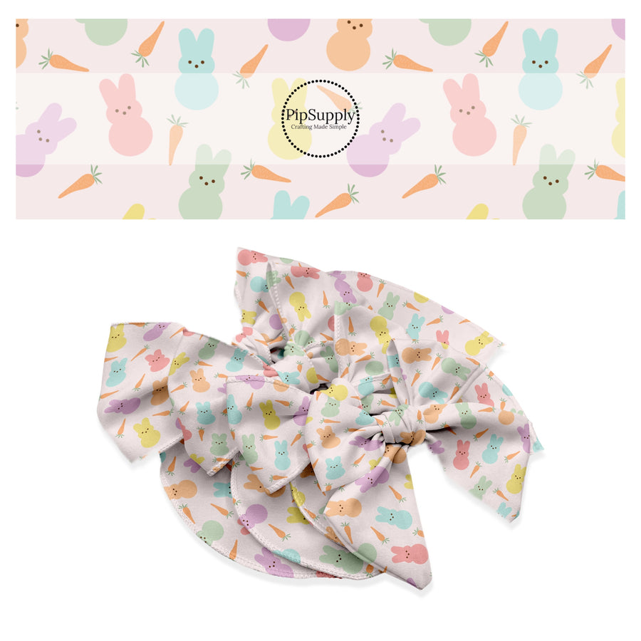 These spring pattern themed no sew bow strips can be easily tied and attached to a clip for a finished hair bow. These patterned bow strips are great for personal use or to sell. These bow strips features pastel colored bunnies and carrots on pink. 