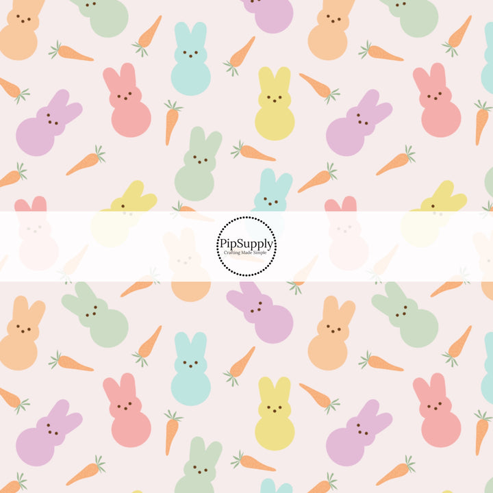 These spring pattern themed no sew bow strips can be easily tied and attached to a clip for a finished hair bow. These patterned bow strips are great for personal use or to sell. These bow strips features pastel colored bunnies and carrots on pink. 