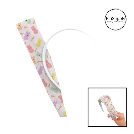 These spring patterned headband kits are easy to assemble and come with everything you need to make your own knotted headband. These kits include a custom printed and sewn fabric strip and a coordinating velvet headband. This cute pattern features pastel colored bunnies and carrots on pink. 