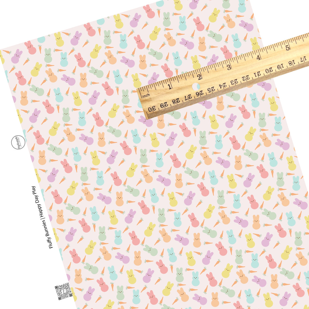 These spring pattern themed faux leather sheets contain the following design elements: pastel colored bunnies surrounded by carrots on pink. Our CPSIA compliant faux leather sheets or rolls can be used for all types of crafting projects.