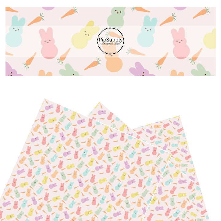 These spring pattern themed faux leather sheets contain the following design elements: pastel colored bunnies surrounded by carrots on pink. Our CPSIA compliant faux leather sheets or rolls can be used for all types of crafting projects.