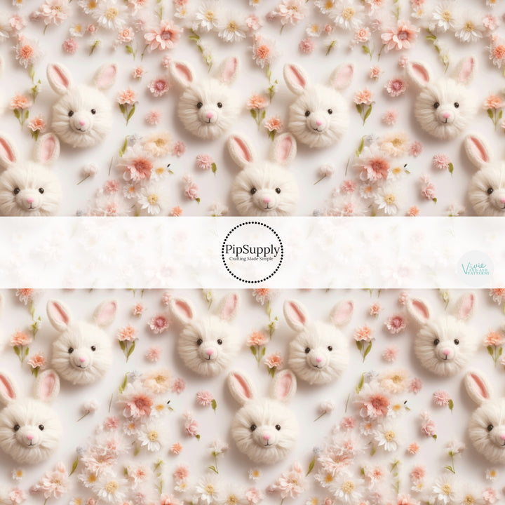 Faux Embroidered Fluffy White Spring Bunnies on Cream Fabric by the Yard.