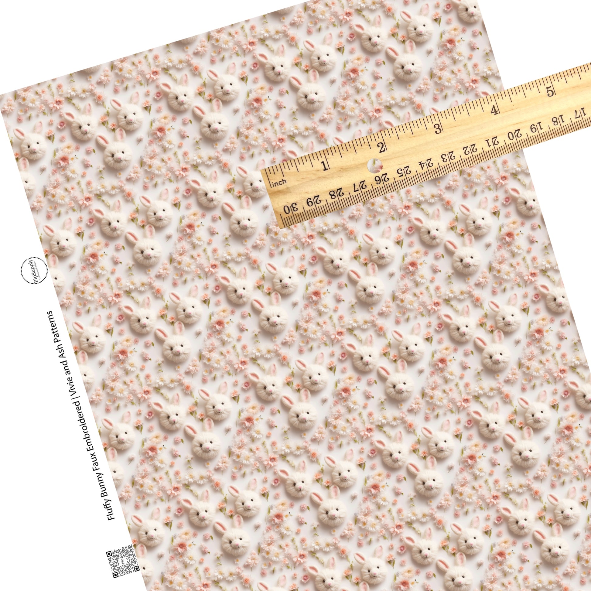 These spring pattern themed faux leather sheets contain the following design elements: faux embroidered bunnies surrounded by light pink flowers on cream. Our CPSIA compliant faux leather sheets or rolls can be used for all types of crafting projects.  **These patterns are not embroidered. It is just the design to give it the embroidered look.