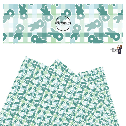 These spring pastel pattern themed faux leather sheets contain the following design elements: blue bunnies on light blue and seafoam green plaid pattern. Our CPSIA compliant faux leather sheets or rolls can be used for all types of crafting projects.