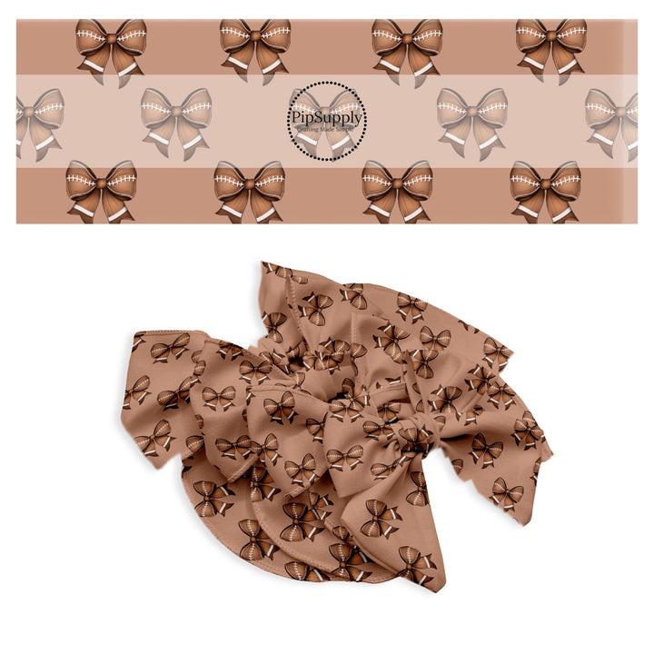 These sports themed pattern no sew bow strips can be easily tied and attached to a clip for a finished hair bow. These festive bow strips are great for personal use or to sell. These bow strips feature the following design elements: brown football bows.