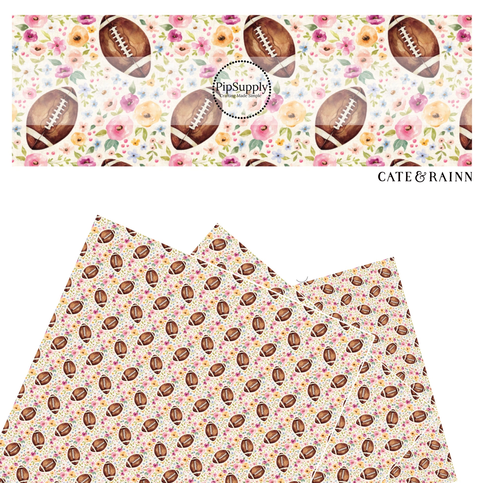 These spring floral sport pattern themed faux leather sheets contain the following design elements: footballs surrounded by flowers on cream. Our CPSIA compliant faux leather sheets or rolls can be used for all types of crafting projects.