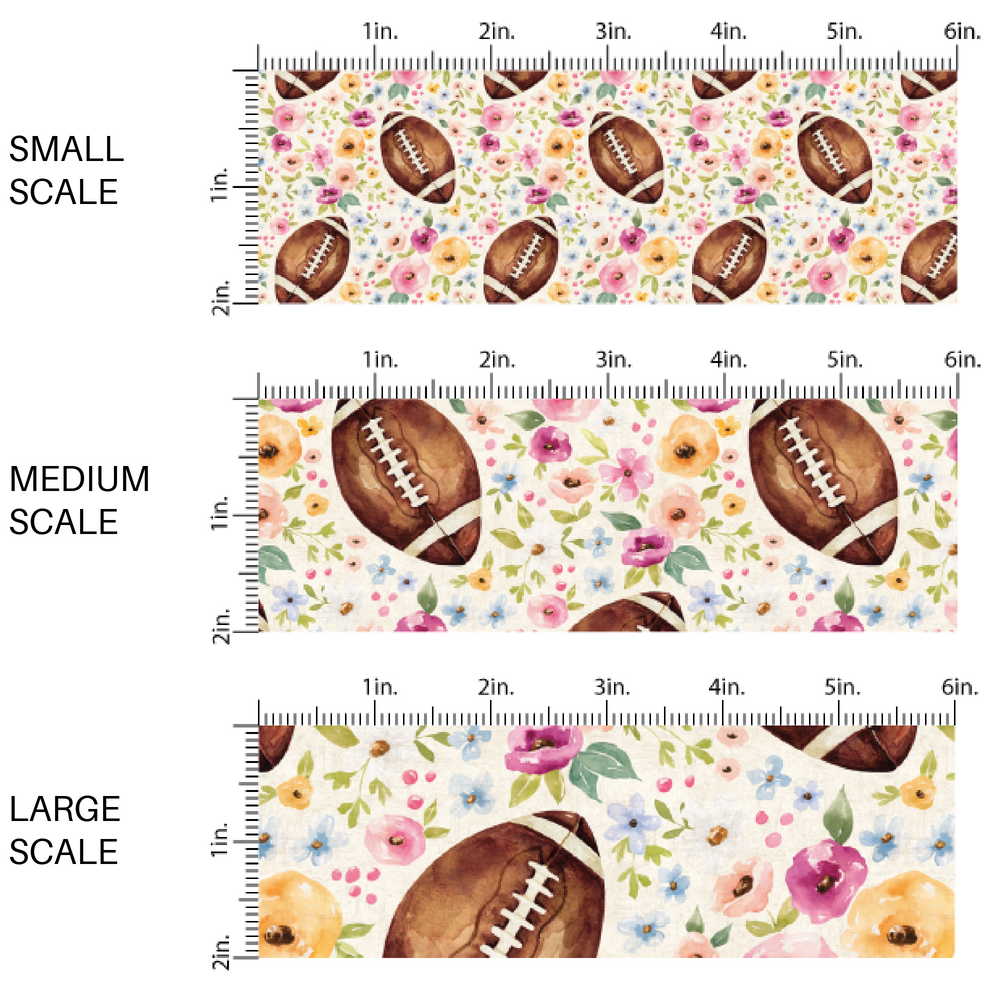 Pastel Florals and Footballs on Cream Fabric by the Yard scaled image guide.