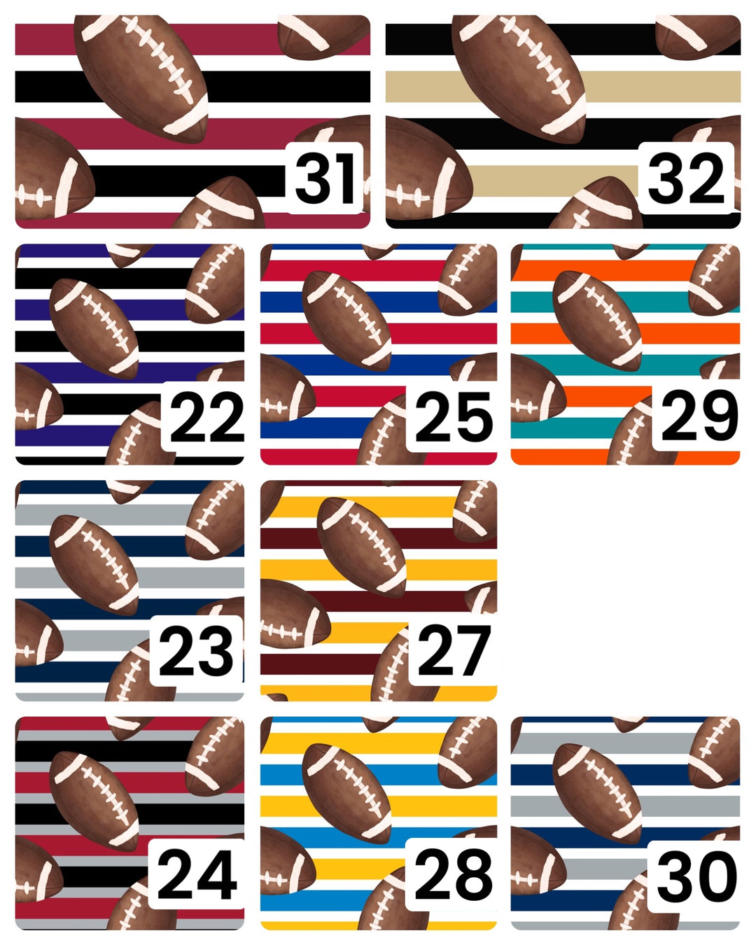 Striped football fabric by the yard numbered color and pattern guide.