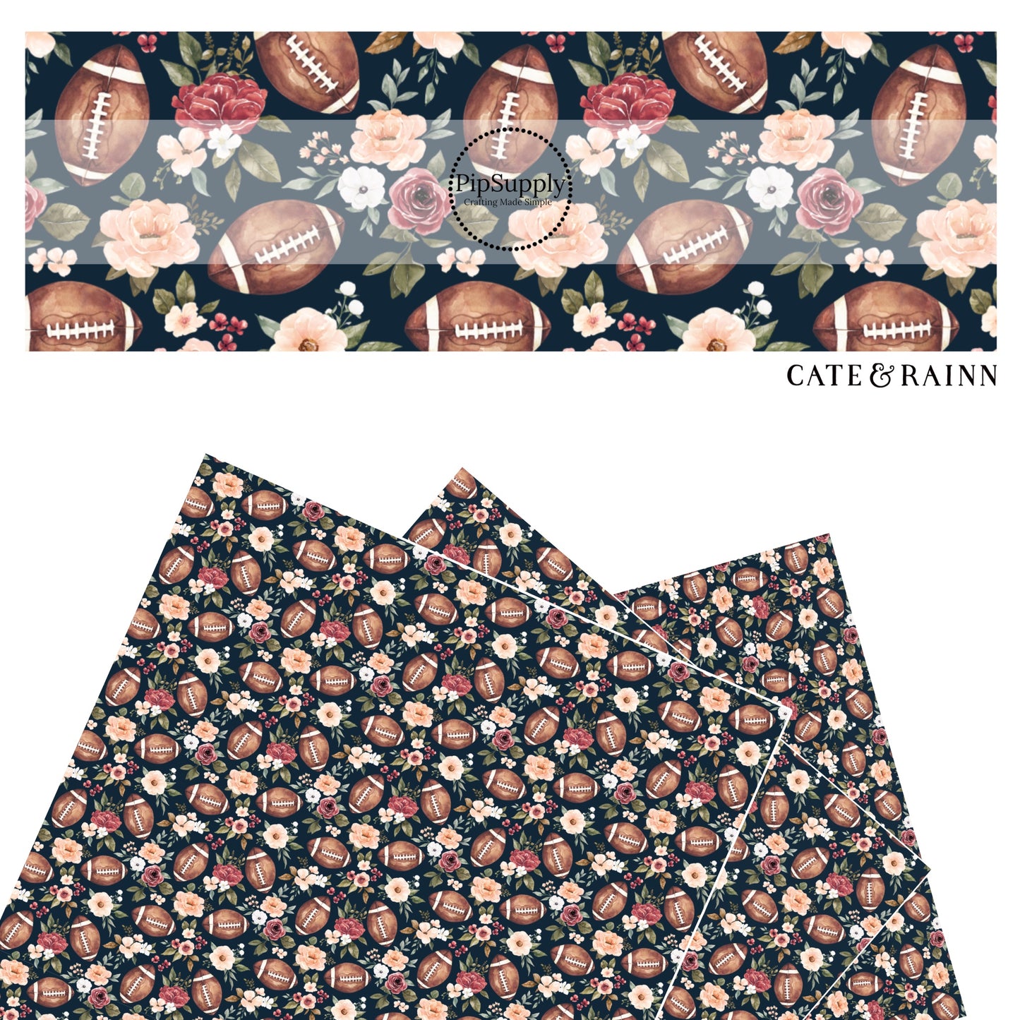 Cream, pink, and red flowers with footballs on navy faux leather sheets