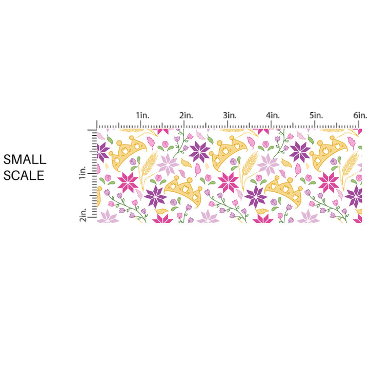 These magical princess themed fabric by the yard features tiaras and flowers. This fun pattern fabric can be used for all your sewing and crafting needs!
