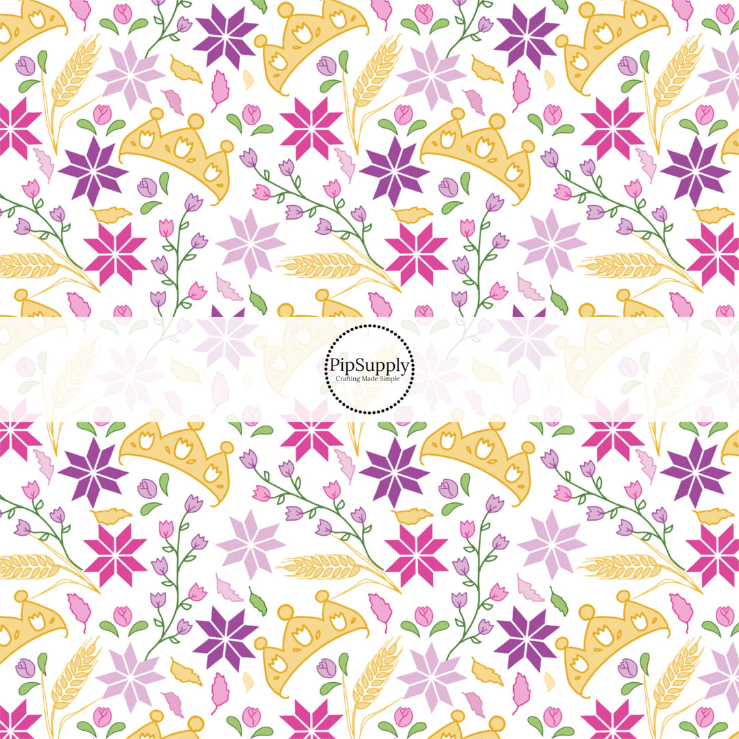 These magical princess themed fabric by the yard features tiaras and flowers. This fun pattern fabric can be used for all your sewing and crafting needs!