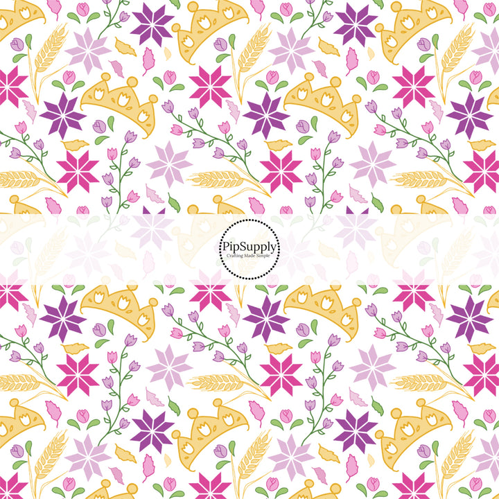 These magical princess themed fabric by the yard features tiaras and flowers. This fun pattern fabric can be used for all your sewing and crafting needs!
