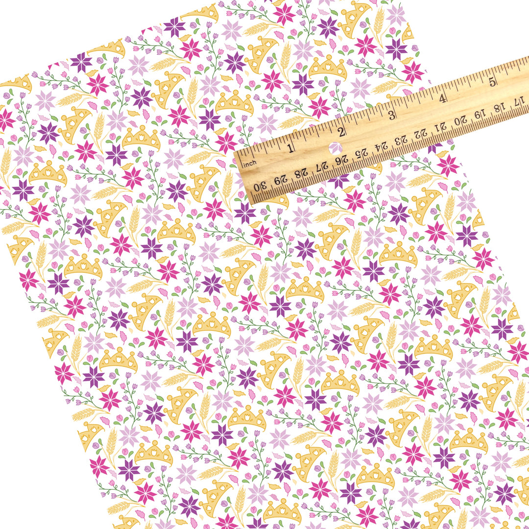These magical princess themed faux leather sheets contain the following design elements: tiaras and flowers. Our CPSIA compliant faux leather sheets or rolls can be used for all types of crafting projects.