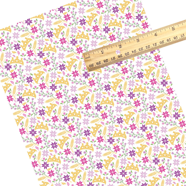 These magical princess themed faux leather sheets contain the following design elements: tiaras and flowers. Our CPSIA compliant faux leather sheets or rolls can be used for all types of crafting projects.