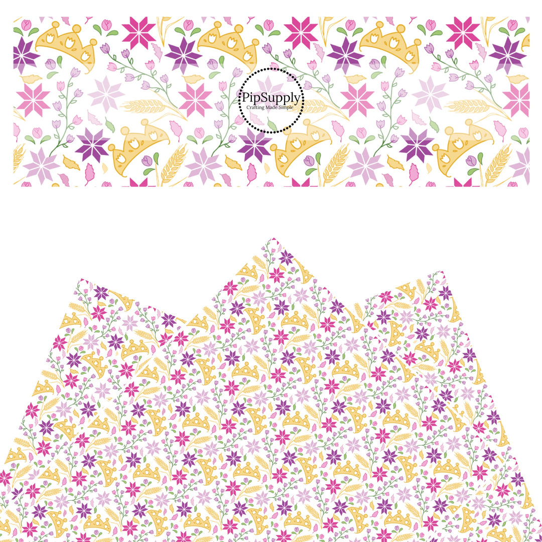 These magical princess themed faux leather sheets contain the following design elements: tiaras and flowers. Our CPSIA compliant faux leather sheets or rolls can be used for all types of crafting projects.