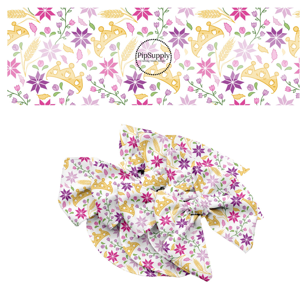 These magical princess themed no sew bow strips can be easily tied and attached to a clip for a finished hair bow. These bow strips are great for personal use or to sell. These bow strips feature the following design elements: tiaras and flowers.