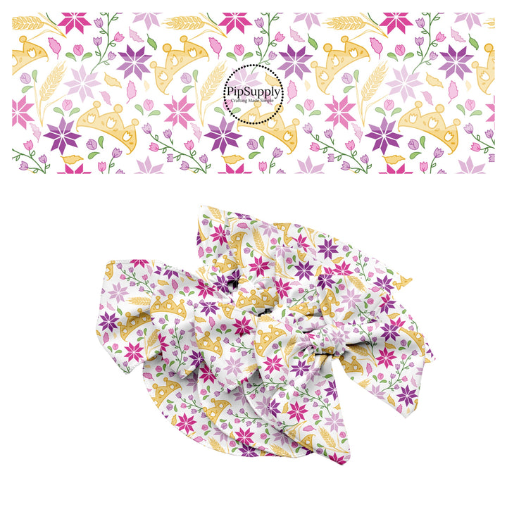 These magical princess themed no sew bow strips can be easily tied and attached to a clip for a finished hair bow. These bow strips are great for personal use or to sell. These bow strips feature the following design elements: tiaras and flowers.