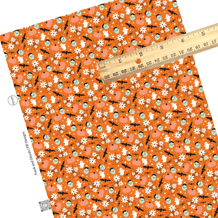 Floral frank and friends with pumpkins on orange faux leather sheets