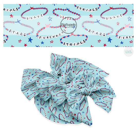 These 4th of July themed no sew bow strips can be easily tied and attached to a clip for a finished hair bow. These patterned bow strips are great for personal use or to sell. These bow strips features patriotic friendship bracelets on blue.