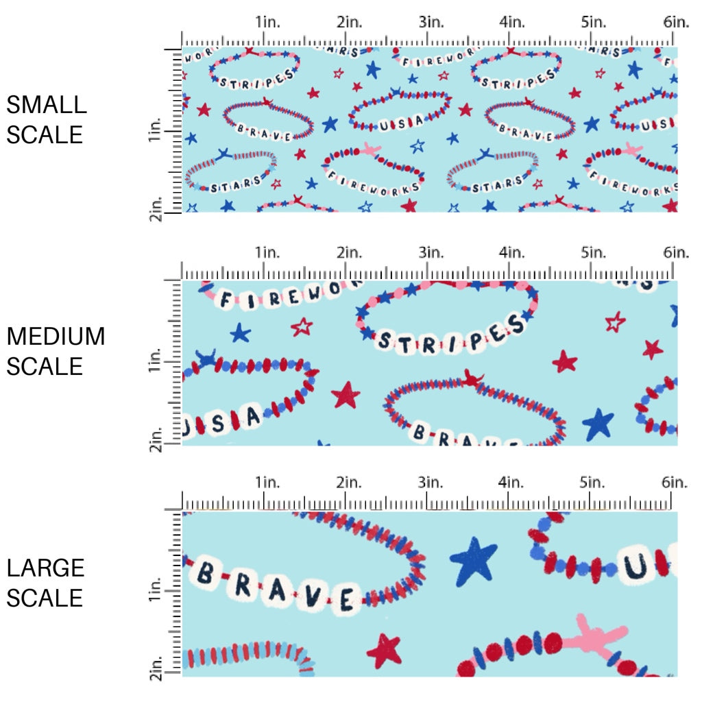 This scale chart of small scale, medium scale, and large scale of this 4th of July fabric by the yard features patriotic friendship bracelets on blue. This fun patriotic themed fabric can be used for all your sewing and crafting needs!