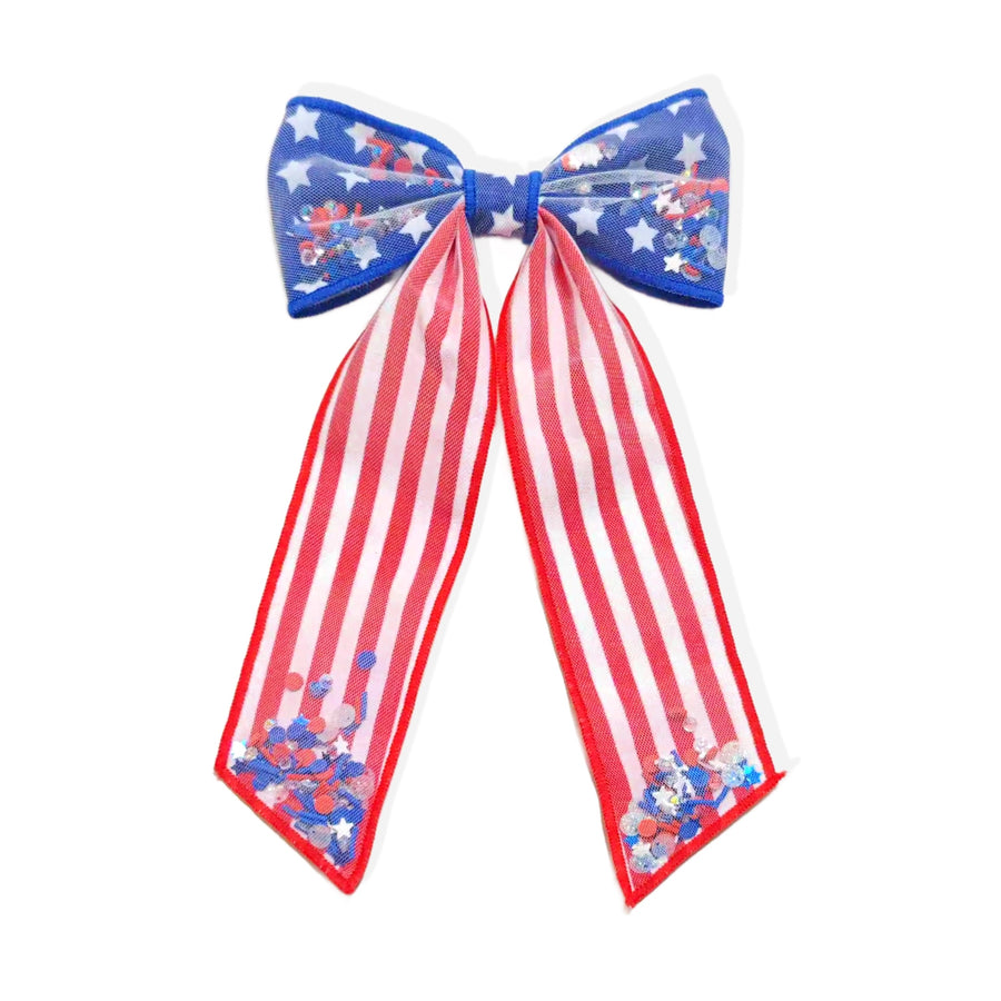 These red, white, and blue long tail shaker tied bows are ready to package and resell to your customers no sewing or measuring necessary! These hair bows come with a clip already attached. The shaker bow comes pre-filled with patriotic clay mix.