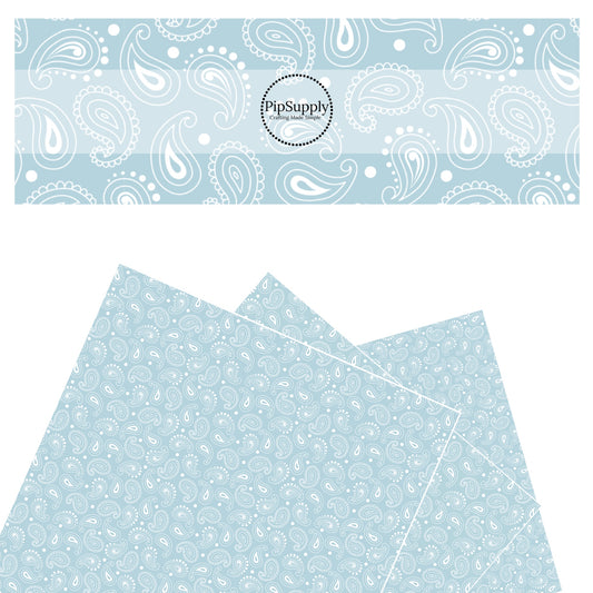 These western pattern themed faux leather sheets contain the following design elements: light blue paisley patterns. Our CPSIA compliant faux leather sheets or rolls can be used for all types of crafting projects.
