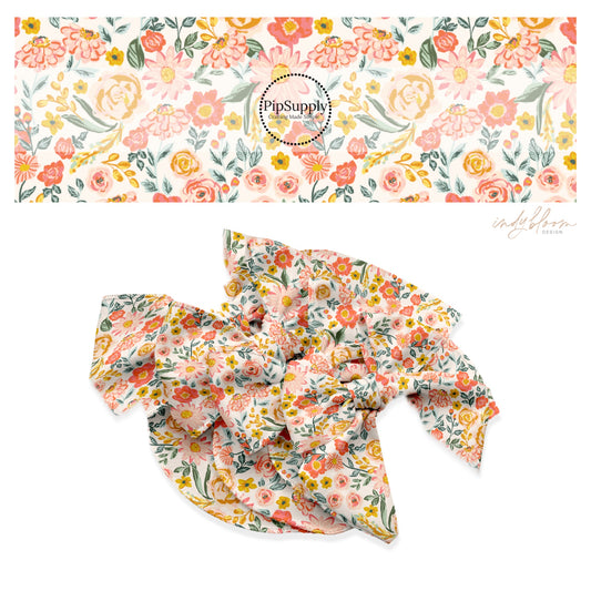 These spring floral pattern themed no sew bow strips can be easily tied and attached to a clip for a finished hair bow. These patterned bow strips are great for personal use or to sell. These bow strips features pink, peach, and orange flowers on cream. 