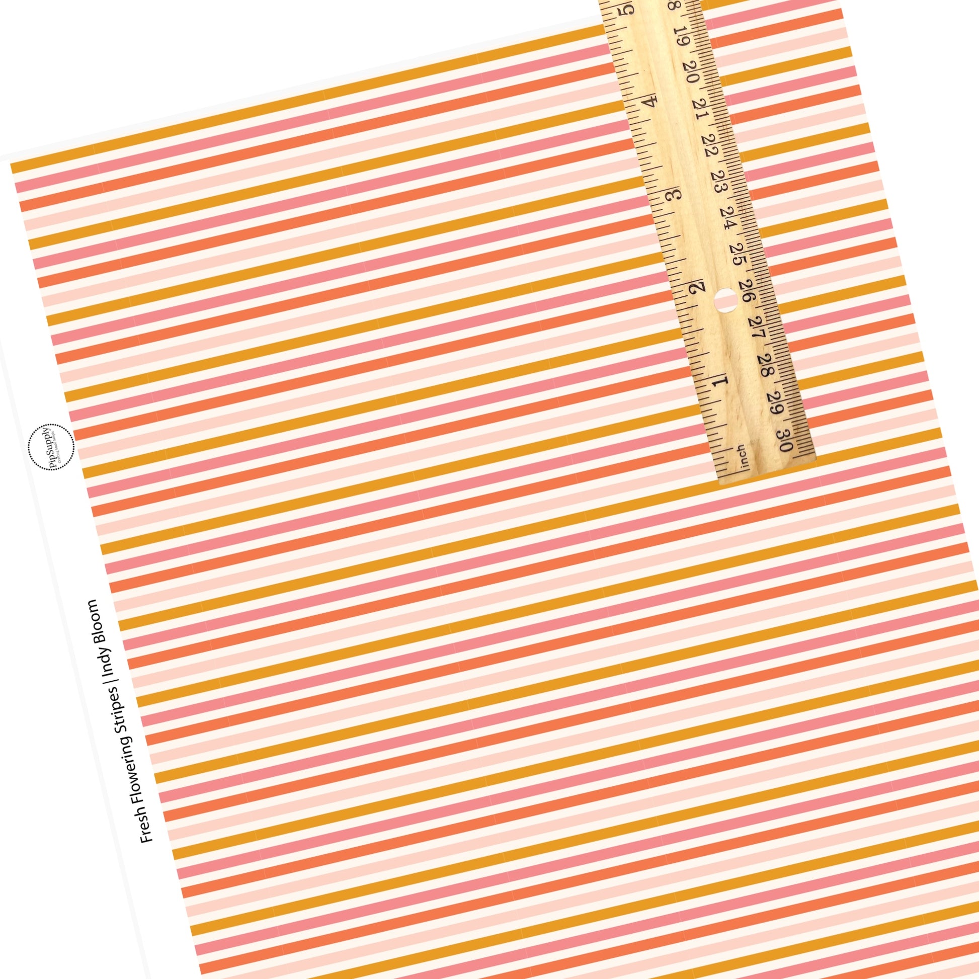 These spring stripes pattern themed faux leather sheets contain the following design elements: pink, peach, and orange stripes on cream. Our CPSIA compliant faux leather sheets or rolls can be used for all types of crafting projects.