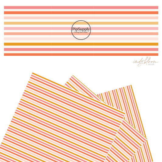 These spring stripes pattern themed faux leather sheets contain the following design elements: pink, peach, and orange stripes on cream. Our CPSIA compliant faux leather sheets or rolls can be used for all types of crafting projects.