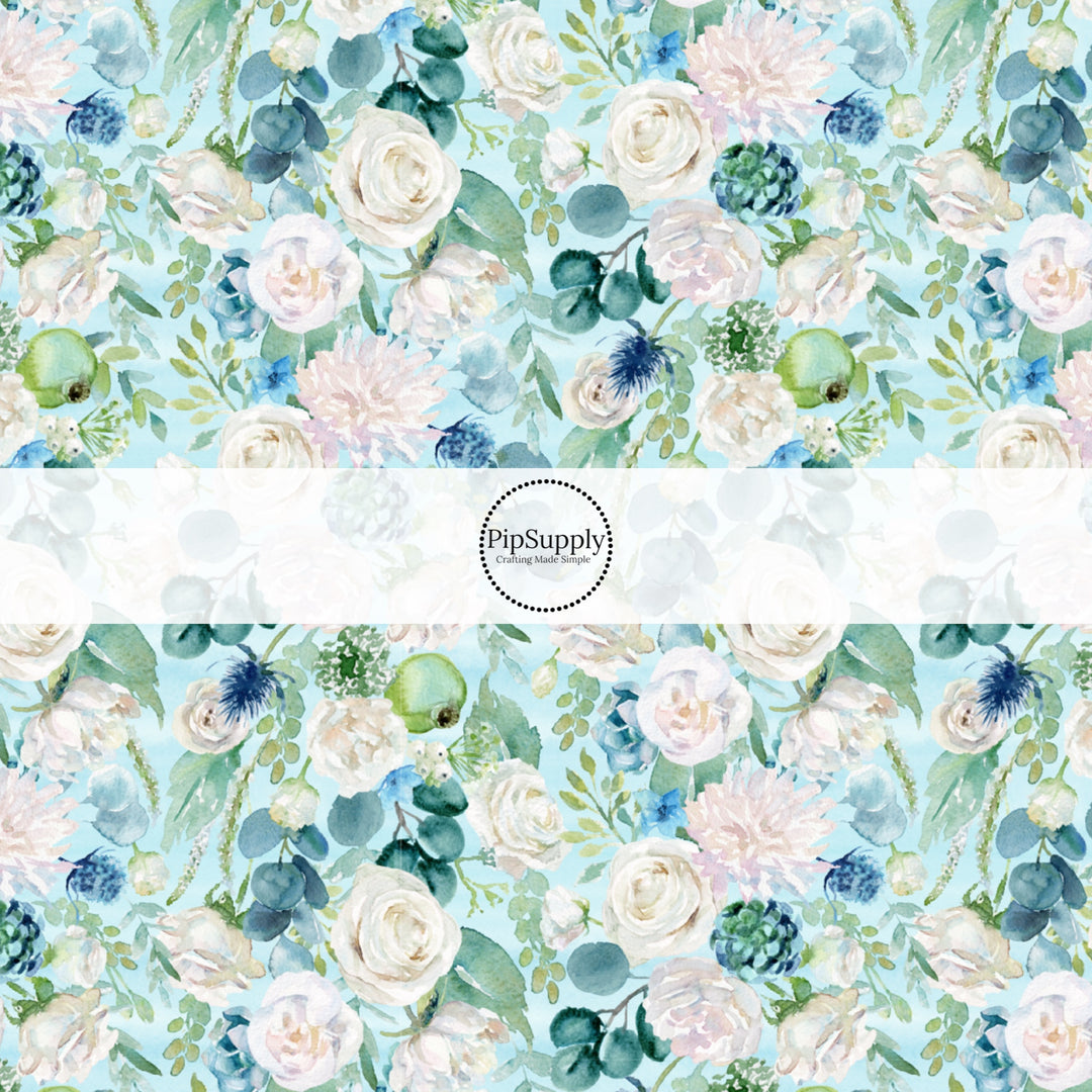 These spring floral fabric by the yard features floral pattern on blue. This fun pattern fabric can be used for all your sewing and crafting needs!