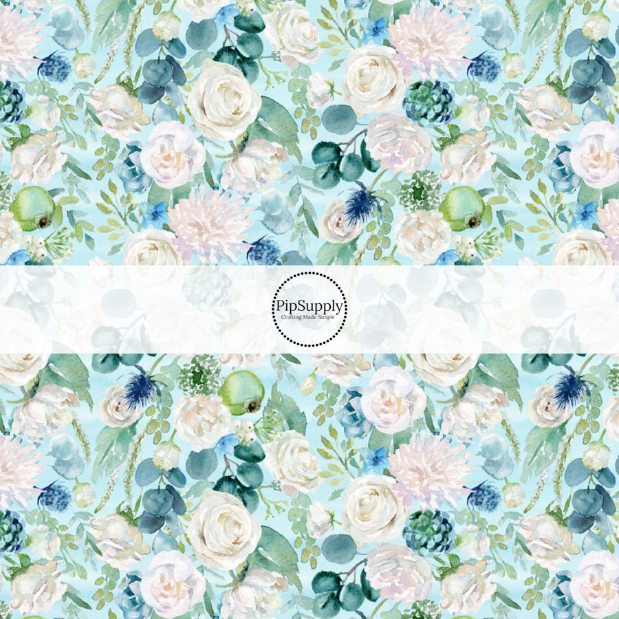 These spring floral fabric by the yard features floral pattern on blue. This fun pattern fabric can be used for all your sewing and crafting needs!