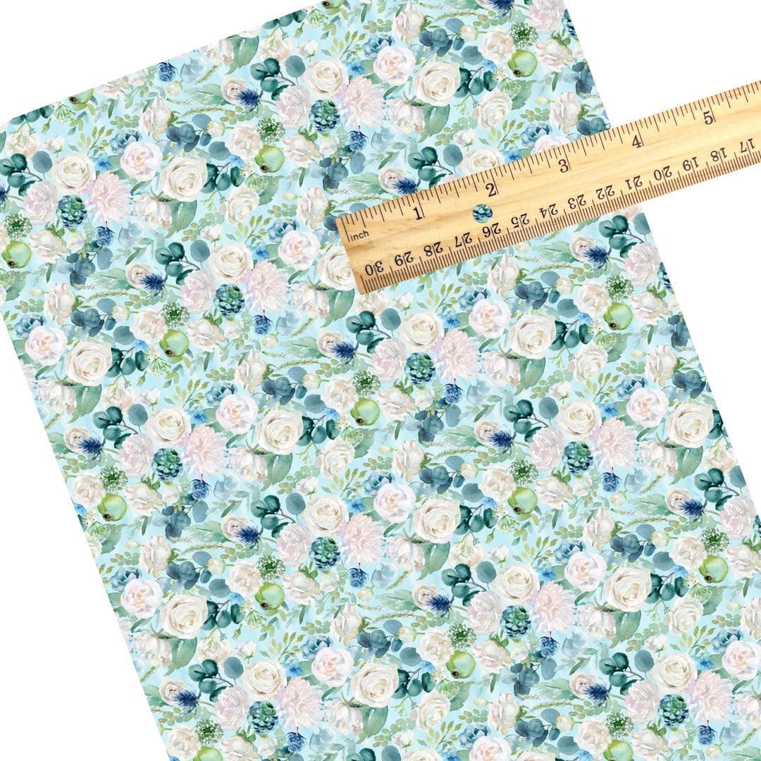 These spring floral faux leather sheets contain the following design elements: floral pattern on blue. Our CPSIA compliant faux leather sheets or rolls can be used for all types of crafting projects.