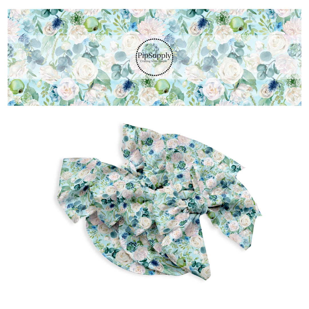 These spring floral no sew bow strips can be easily tied and attached to a clip for a finished hair bow. These bow strips are great for personal use or to sell. These bow strips feature the following design elements: floral pattern on blue.