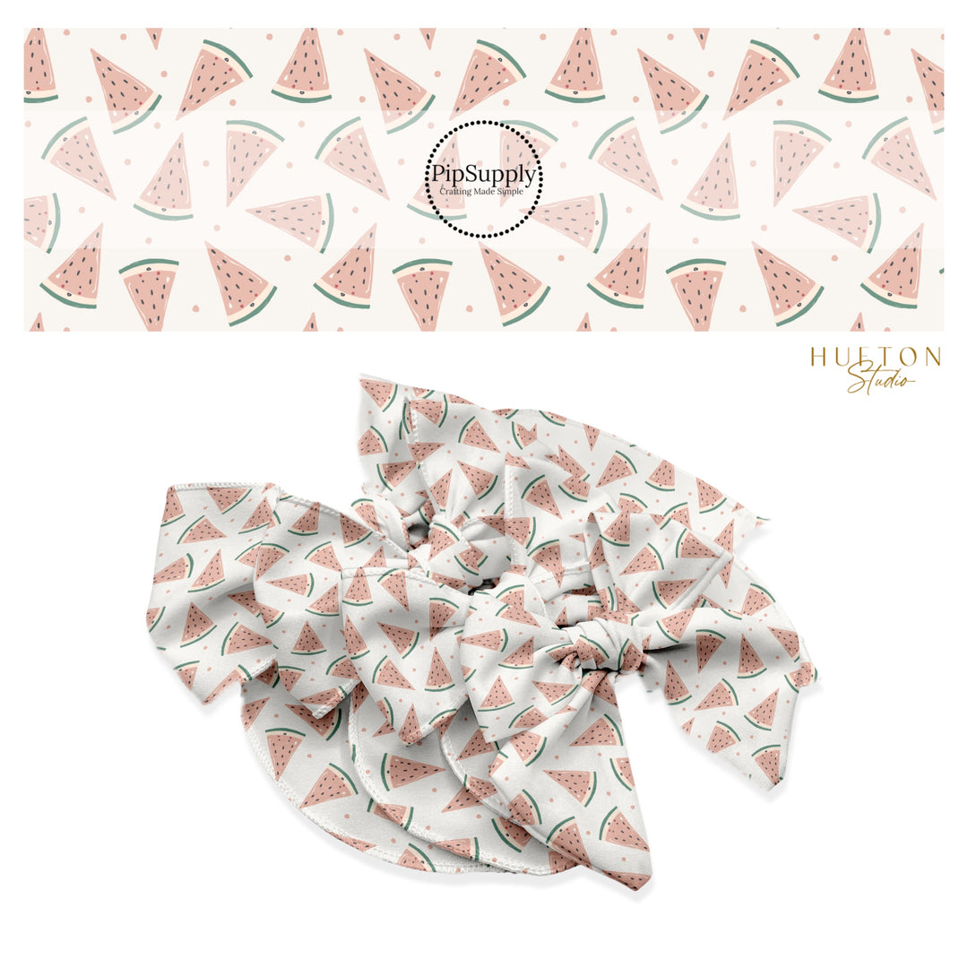 These spring themed no sew bow strips can be easily tied and attached to a clip for a finished hair bow. These bow strips are great for personal use or to sell. These bow strips feature the following design elements: slices of watermelon.