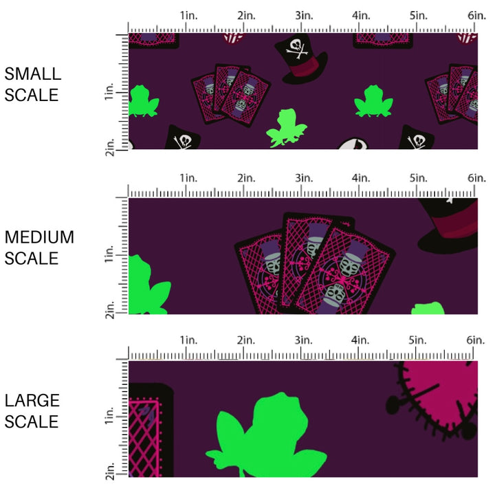 This scale chart of small scale, medium scale, and large scale of this magical adventure inspired fabric by the yard features the following design: frogs, cards, top hats, and skulls on purple. This fun themed fabric can be used for all your sewing and crafting needs!