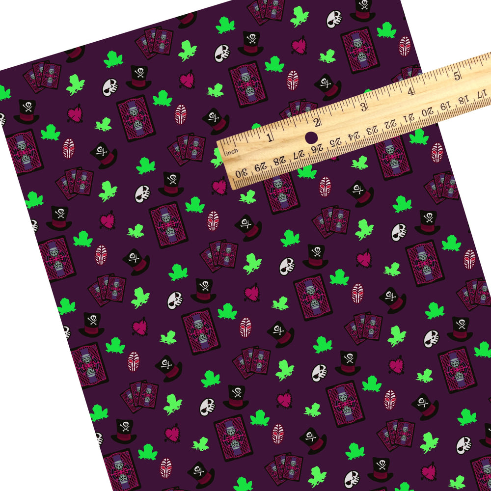 This magical adventure inspired faux leather sheets contain the following design: frogs, cards, top hats, and skulls on purple. Our CPSIA compliant faux leather sheets or rolls can be used for all types of crafting projects.