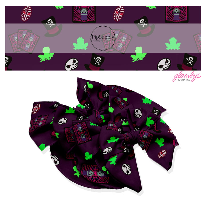 These magical adventure inspired themed no sew bow strips can be easily tied and attached to a clip for a finished hair bow. These fun themed patterned bow strips are great for personal use or to sell. These bow strips feature the following design: frogs, cards, top hats, and skulls on purple.