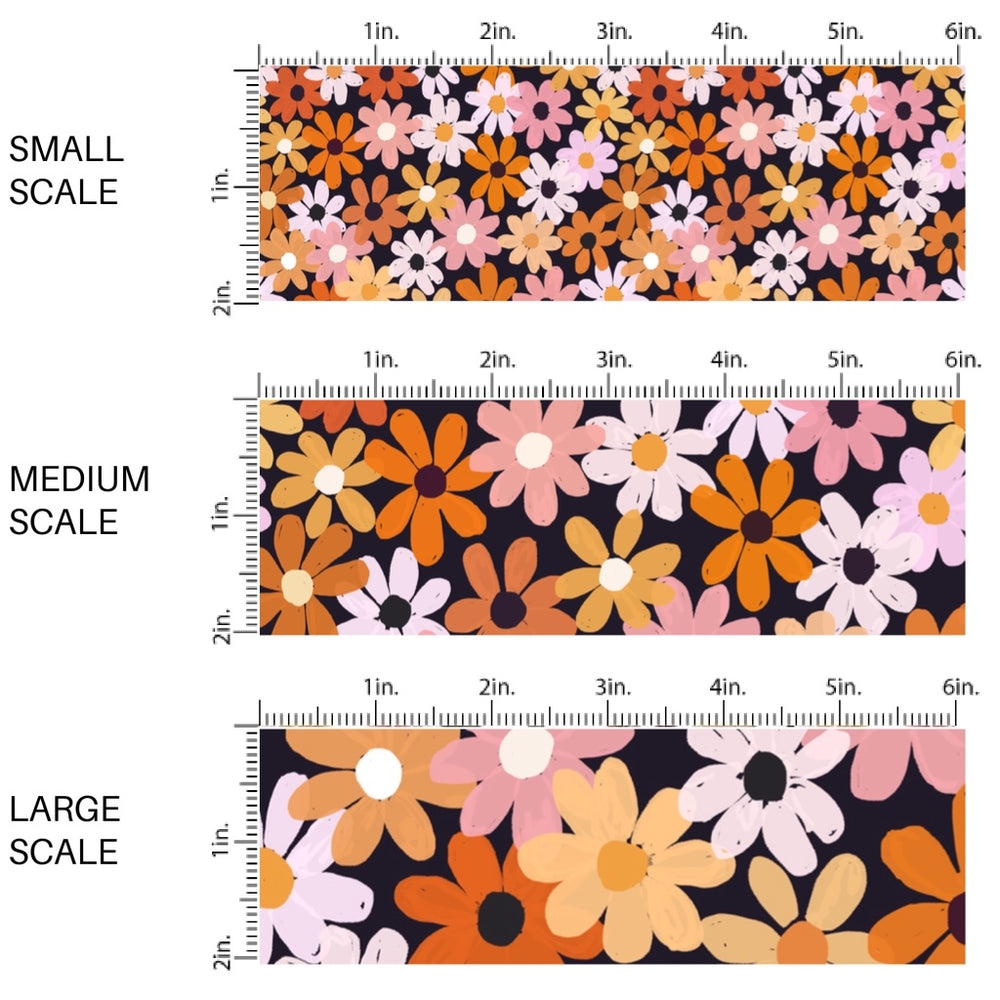 This scale chart of small scale, medium scale, and large scale of these Halloween themed pattern fabric by the yard features the following design elements: colorful flowers. This fun spooky themed fabric can be used for all your sewing and crafting needs!